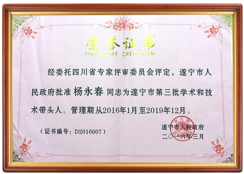 热烈祝贺我院院长杨永春同志荣获“遂宁市第三批学术和技术带头人”称号